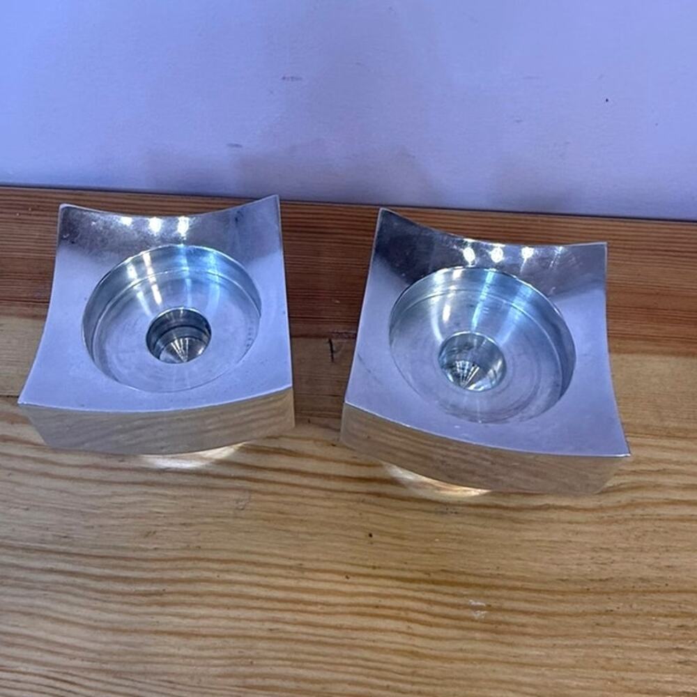 Nambé 6214 Neil Cohen Candlestick Holders Pair 2000 Modernist Alloy